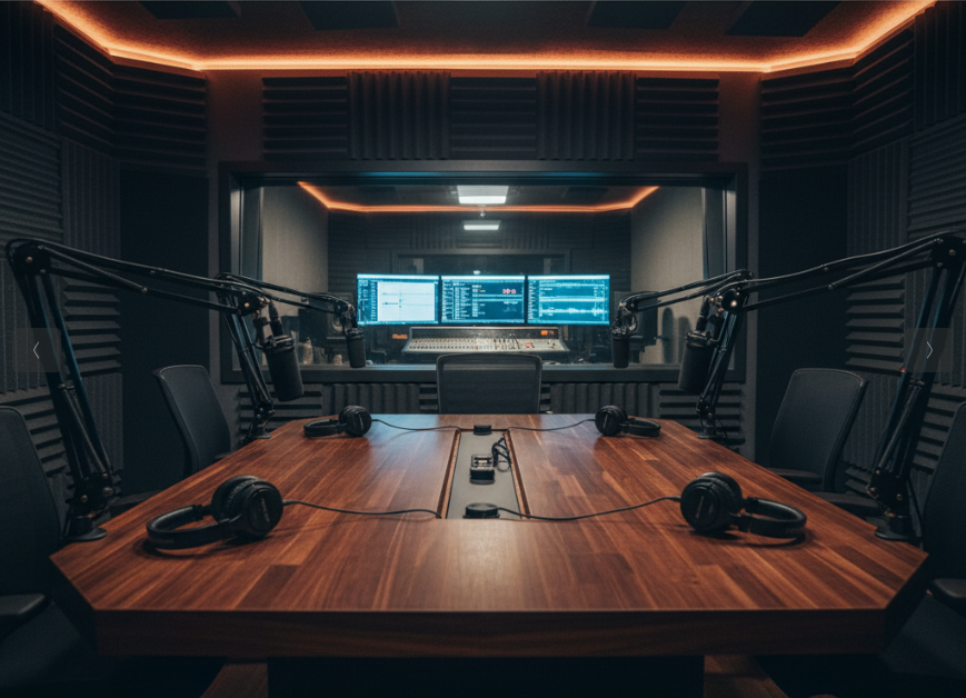 Estúdio de podcast profissional com mesa de madeira escura, quatro microfones, fones de ouvido e sala de controle visível ao fundo.