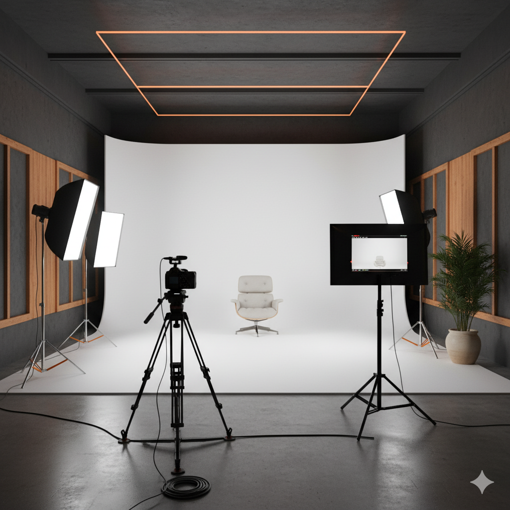 Estúdio de gravação de vídeo moderno com ciclorama branco, câmera em tripé, iluminação profissional e monitor de retorno.